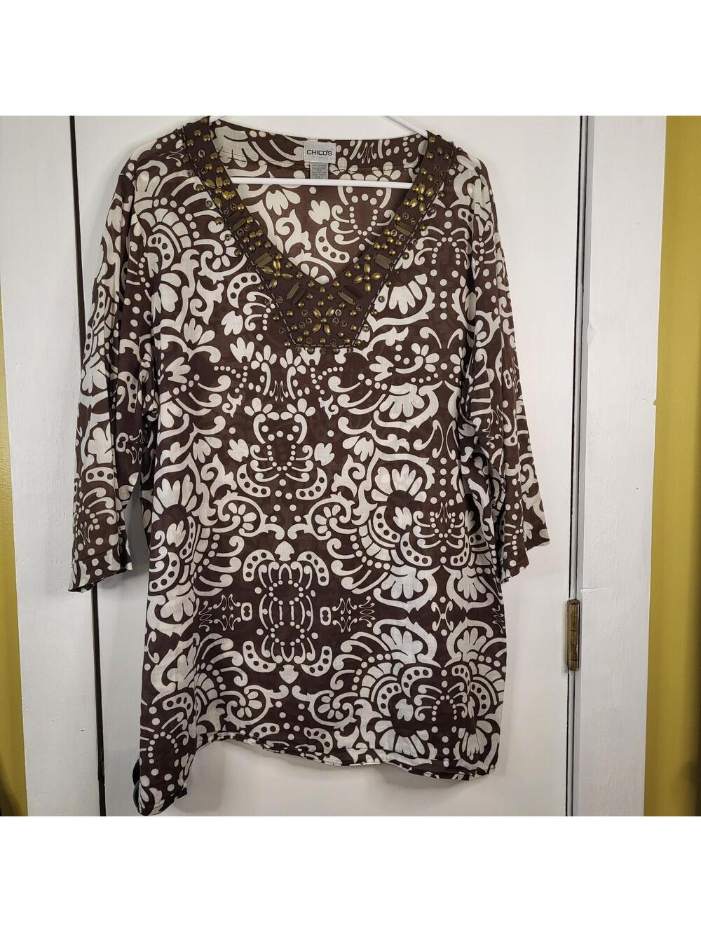 Chico's tunic brown & ivory geometric pattern accented with bronze stud beading